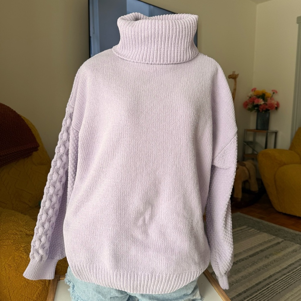 Turtleneck Cable-Sleeve Sweater in Light Lavender